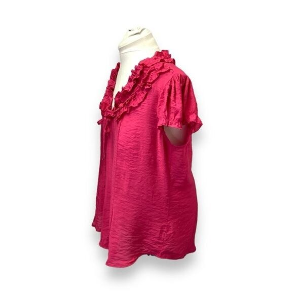 Millenium Women’s Cap Sleeve Button Down Ruffle Neck Shirt, Pink, size 2X - Picture 3 of 6